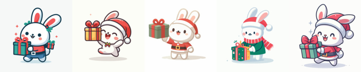 Naklejka premium cute rabbit character vector in Christmas clothes carrying gifts