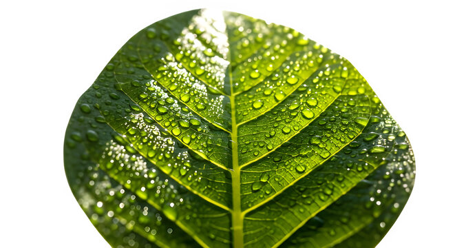Close up of a vibrant green leaf covered in morning dew drops isolated on transparent background