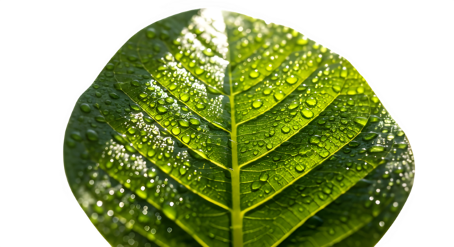 Close up of a vibrant green leaf covered in morning dew drops isolated on transparent background - Powered by Adobe