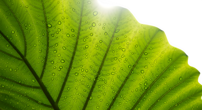 Close up of a vibrant green leaf surface covered in tiny water droplets isolated on transparent background - Powered by Adobe