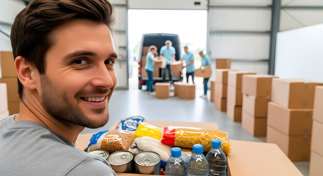 Man holding full donation box with food and water for charity. Volunteer for food drive and humanitarian aid. Support and assistance concept.