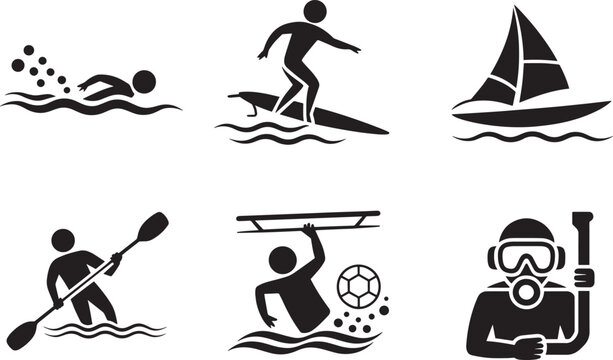 Water sports black icon set isolated on transparent background activity pictogram collection