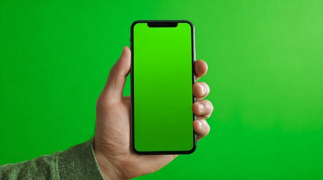 A hand holding a smartphone with a blank green screen stands out against a vibrant green background, perfect for showcasing mobile apps or digital marketing content.
