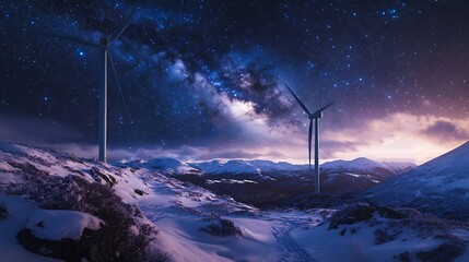 Wind turbines standing in snowy mountain landscape under starry night sky