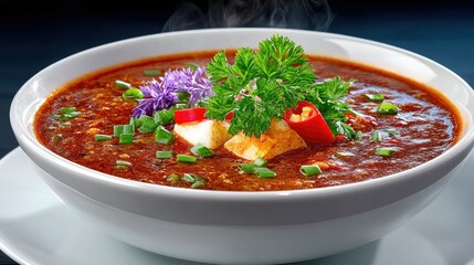 Close-up shot of a bowl of hot soup with garnishes, including parsley, chives, and red pepper, on a white plate. Steam rises from the soup.