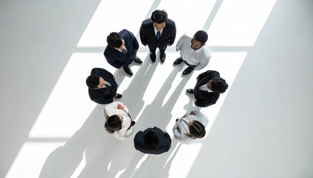 Overhead View of Business Team Standing in Circle On White Background Teamwork Togetherness Strategy Corporate Meeting Unity Collaboration Solution Success in Soft Natural Light