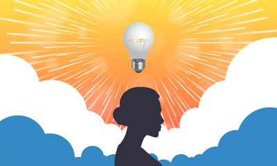 Vector dark silhouette of lady against background of clouds. Concept. Radiant classic incandescent light bulb.Rays, idea and cartoon sky. Female inspiration and thoughts. Womens power and intelligence