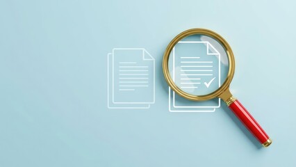 A magnifying glass over documents with a checkmark on a light blue surface looking for details