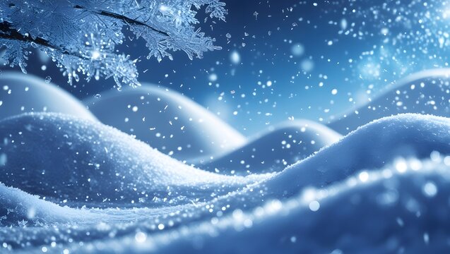 A cinematic winter background with blowing snow, icy branches, and sparkling bokeh. Ideal for ads, seasonal banners, greeting cards, covers, and premium stock uses.