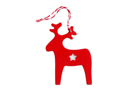 Red wooden deer, figurine Christmas decor in PNG isolated on transparent background