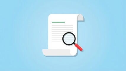 A document with lines and a magnifying glass on a light blue background in a flat lay style art