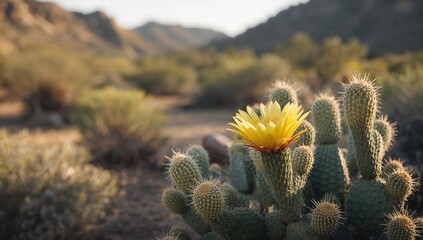 Yellow cactus flower on a desert plant, emphasizing drought resistance and arid climate adaptation