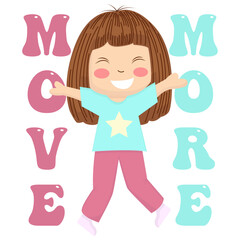 Cute cartoon girl with arms outstretched, surrounded by the words 