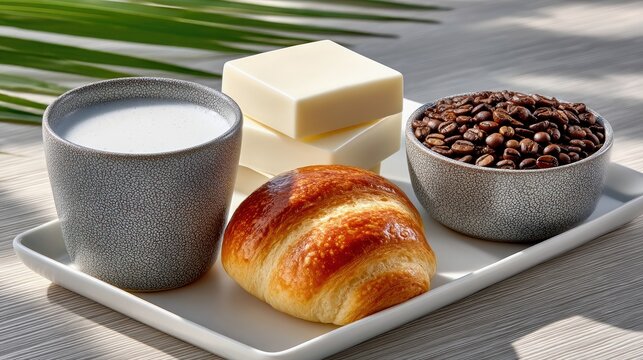 A breakfast tray with a cup of milk, a croissant, a bowl of coffee beans, and butter, all arranged on a surface with natural lighting.