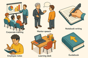 Corporate training and mentorship scenes with diverse learning activities and tools