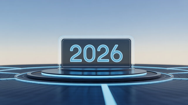 Futuristic digital display showing the year 2026 illuminated with blue light, set on a circular platform with glowing lines against a soft sky background, symbolizing future planning and goals