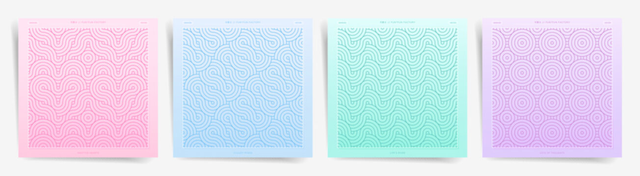 Pastel Japanese Wave Heart Pattern Cover Set. Cute Kawaii Gradient Poster Design. Pastel Heart and Circle Wave Square Posters. Cute Japanese knots for romantic packaging and valentines day designs.