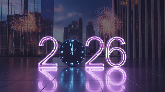 Neon glowing numbers 2026 with a clock showing midnight in front of a modern city skyline at dusk with fireworks celebrating the new year