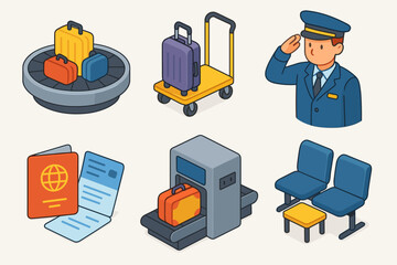 Airport elements: luggage, passport, security check, seating, male airline staff illustration