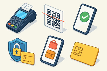 Contactless payment and security icons featuring qr code and mobile wallet