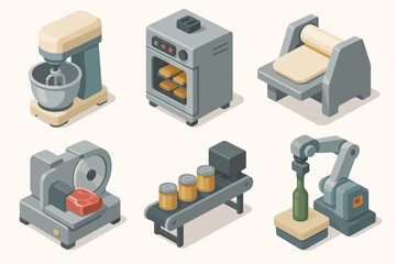 Isometric kitchen equipment set: mixer, oven, dough roller, meat slicer, conveyor, robotic arm