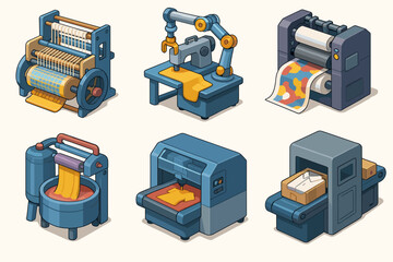 Collection of isometric industrial machines for fabric and material processing