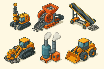 Cartoon construction vehicles and equipment set with drill, conveyor, and loader