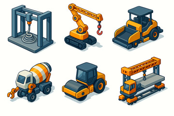 Isometric construction vehicles and machinery set with crane, bulldozer, mixer, compactor