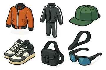 Casual streetwear and accessories collection with sneakers jacket hat