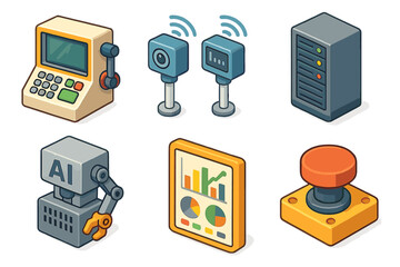 Isometric technology icons featuring ai, analytics, and server equipment