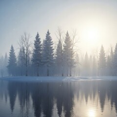 Fototapeta premium Serene winter landscape with reflective water surface and misty forest backdrop