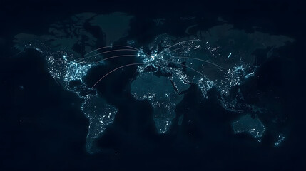 Global Data Network Connections on World Map, Digital Communication and Business Logistics, Worldwide City Lights and Transport