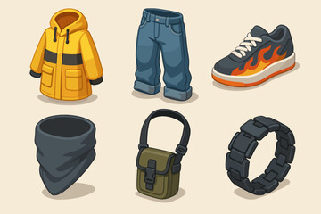 Colorful cartoon clothing and accessories - jacket, jeans, shoes, bandana, bag, bracelet