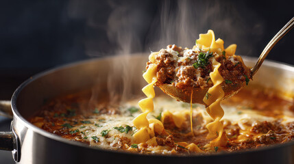 Ladle of Steaming Hot Lasagna Soup Served Over Pot