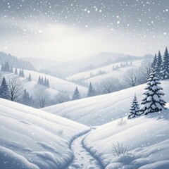 Obraz premium Serene snowy valley with coniferous trees painting in gentle snowfall
