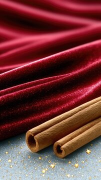 Close-up shot of two cinnamon sticks resting on a glittery surface with a red velvet fabric in the background.