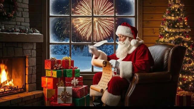 cozy christmas montage: santa by the fireplace with gifts, christmas tree, and twinkling lights