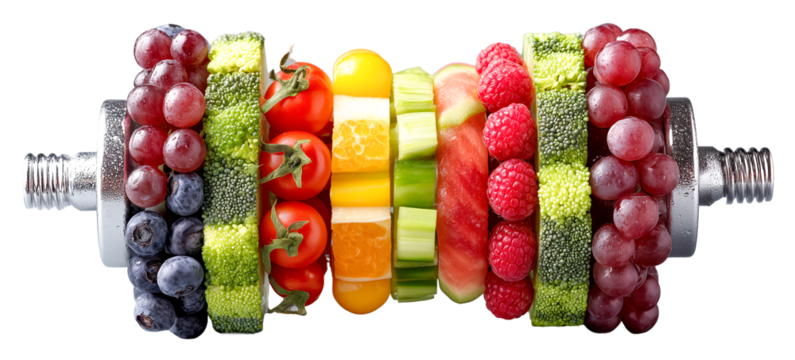 Fruit dumbbell vegetable dumbbell healthy food fitness concept colorful produce balanced diet clean eating wellness nutrition creative still life with joyful vibe, isolated