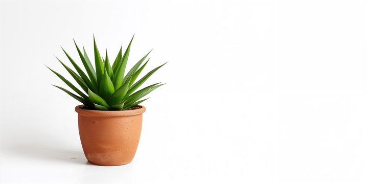 Tropical succulent plant Agava Potatorum in clay pot, used as decorative houseplant, Earth Day