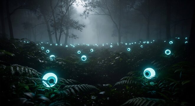 Bioluminescent Forest Eyes &mdash; Eerie Night Orbs in Mist