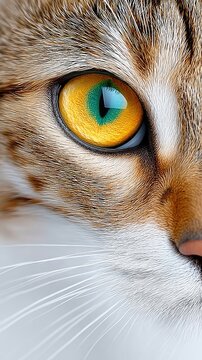 A detailed close-up of a cat's eye, showcasing its intricate patterns and textures. The image highlights the fur, whiskers, and the vibrant colors of the eye, w