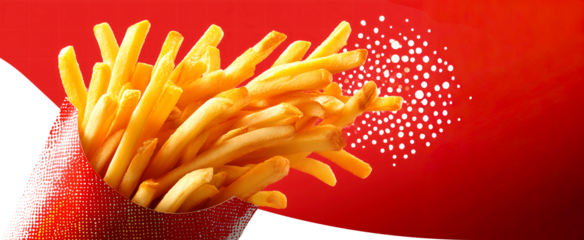 French fries fast food snack crispy golden red background paper container halftone dotted pattern salty Crispy golden french fries paper container with red background, halftone dotted, isolated