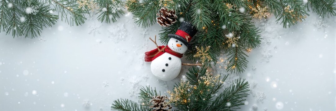 Cones, a fir tree branch, a snowman, and artificial snow, seasonal winter decoration - Powered by Adobe