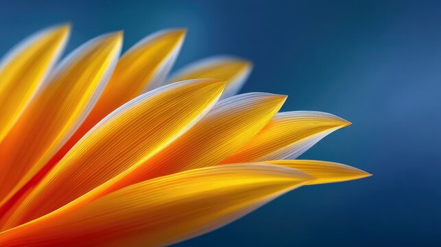 Close-up of yellow and orange flower petals against a blue background. The petals are detailed and textured, creating a beautiful and vibrant image.