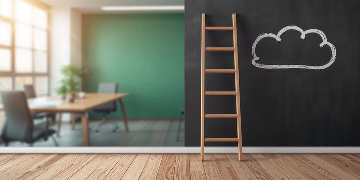 Ladder positioned beside a chalkboard with a cloud illustration, used for educational or presentation purposes