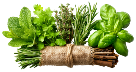 Fresh herb bundle organic greens mint leaves parsley sprigs thyme stems rosemary twigs basil leaves natural fiber wrap rustic kitchen aromatic cooking joy, isolated