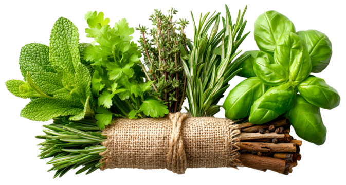Fresh herb bundle organic greens mint leaves parsley sprigs thyme stems rosemary twigs basil leaves natural fiber wrap rustic kitchen aromatic cooking joy, isolated