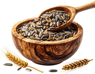 Natural Sunflower Seeds Overflowing in Hand-Carved Bowl PNG