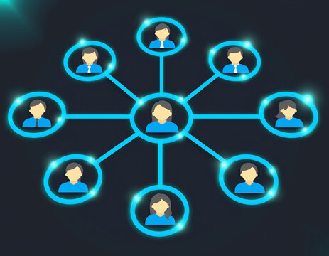 Illustration of a network with avatars connected by glowing blue lines on dark