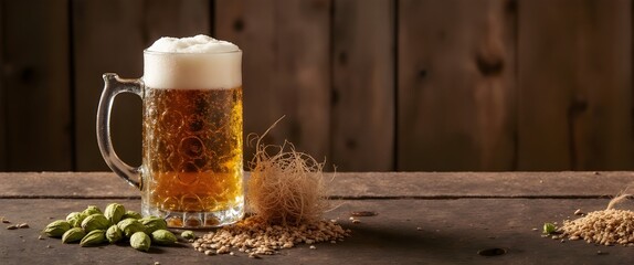 Chilled Beer Glass with Malt, Hops, and Yeast on Rustic Wooden Table – Premium Macro Side-View Composition